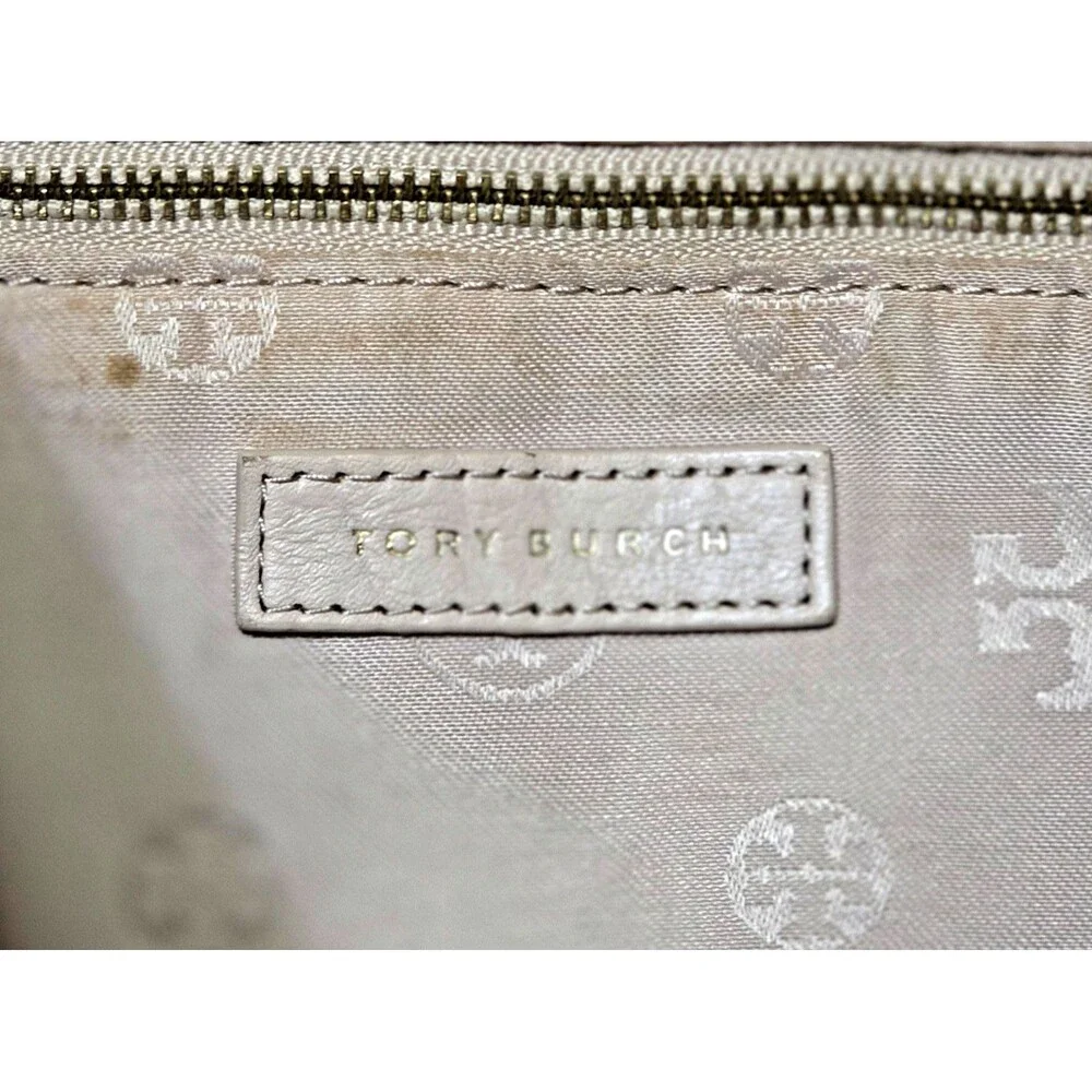 TORY BURCH Plaque Hobo Bag Blush Pebbled Leather Shoulder Purse Beige